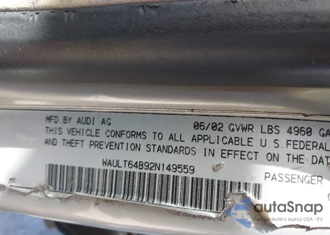 2002 Audi A6 3.0L z USA, uszkodzony, nr VIN WAULT64B92N149559